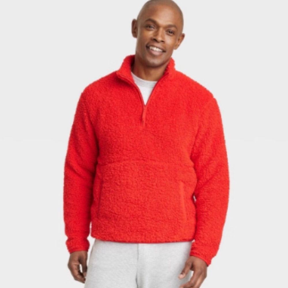Wondershop Men’s Faux Shearling Half Zip Pullover Red Winter Wardrobe - Picture 3 of 11
